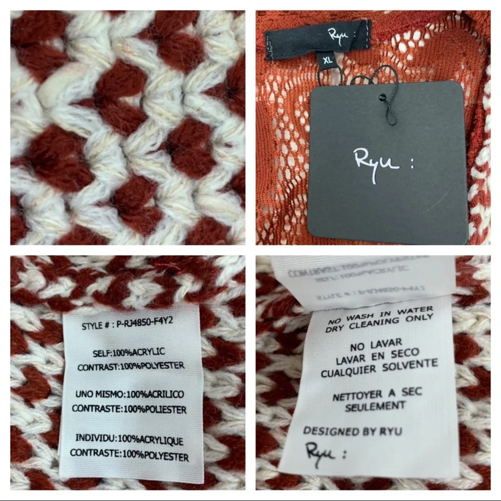 Rare Boho Ryu Rust Red & White Knit Tied Cardigan Sweater New Nwt Size Large - Picture 14 of 16
